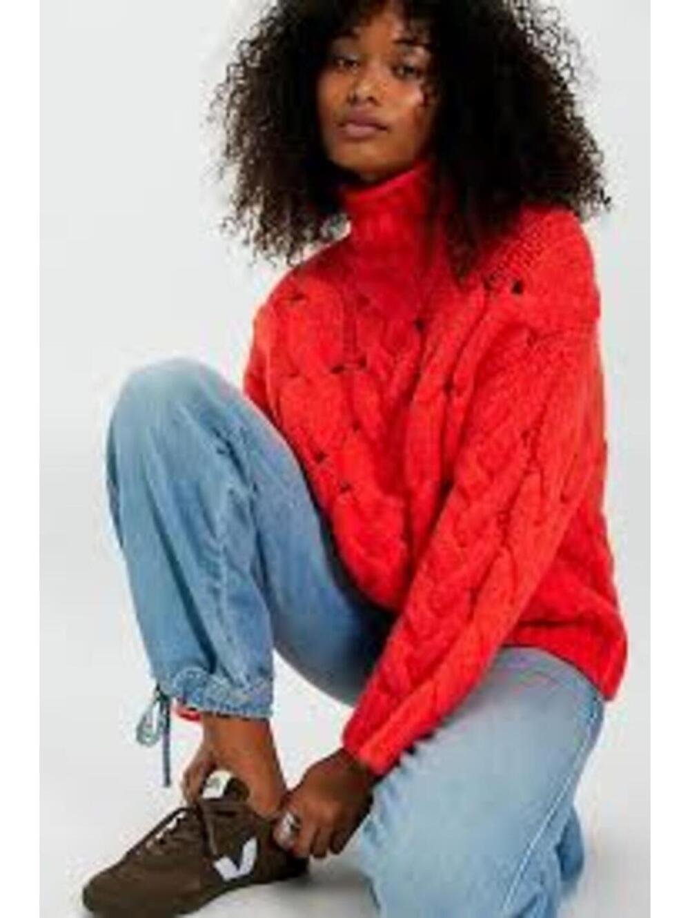 $298 FREE PEOPLE Clementine Soft Spun Cable Knit Pullover Orange Tango Sz L#1250 - Picture 7 of 11